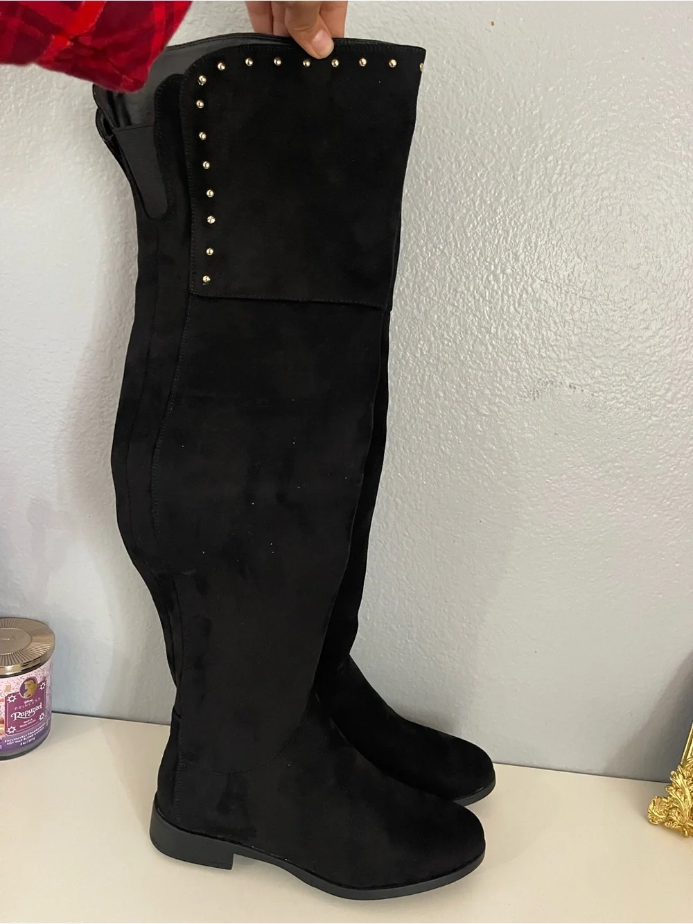 XOXO Black Over-the-Knee Studded Suede-Look Boots